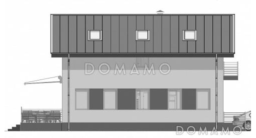 Проект дома с террасой, прямоугольной кухней-гостиной, хозяйской спальней на мансардном этаже с балконом / Фасад 4