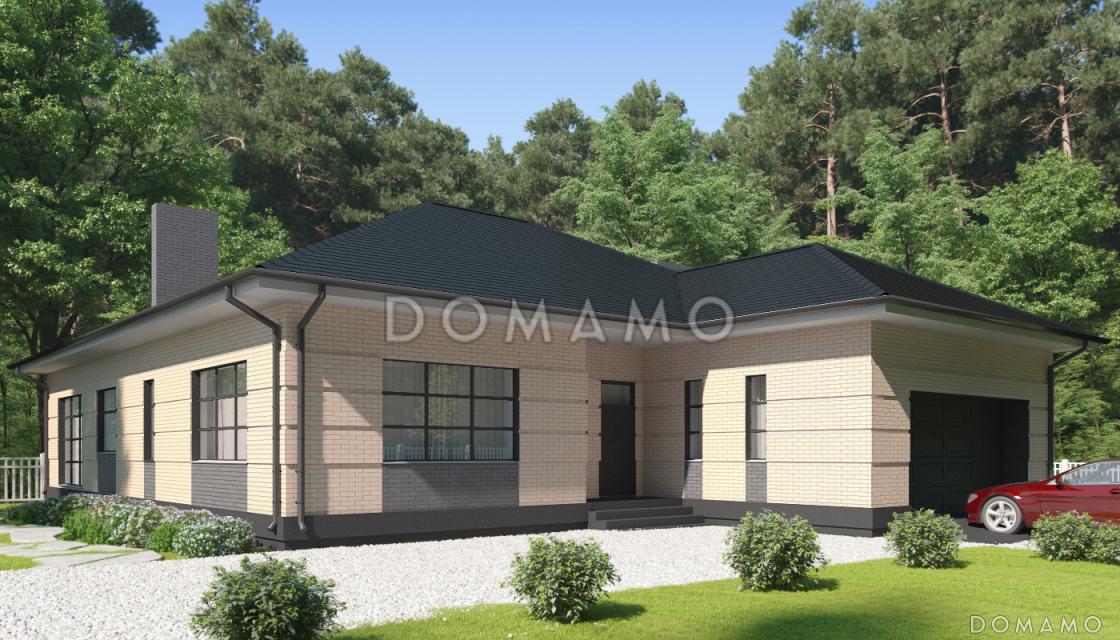 Проект одноэтажного дома с широкой террасой, кухней-столовой, гаражом / 2