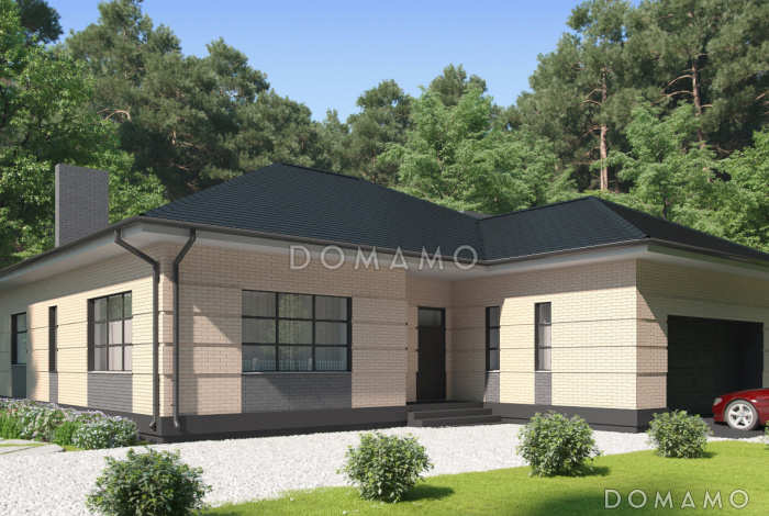 Проект одноэтажного дома с широкой террасой, кухней-столовой, гаражом Проект одноэтажного дома с широкой террасой, кухней-столовой, гаражом