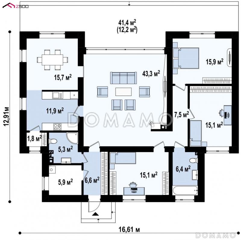 Проект современного одноэтажного дома из газобетона с тремя спальнями и светлой просторной гостиной / План 1 этажа