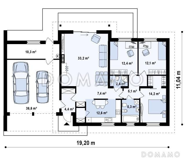 Проект одноэтажного дома из кирпича с гаражом на два автомобиля и отделённой спальной зоной / План 1 этажа