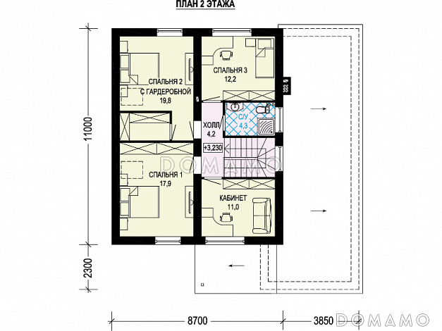 Проект двухэтажного дома из газобетона с пятью комнатами и гаражом на два автомобиля / План 2 этажа