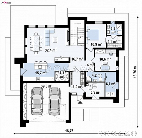 Проект современного двухэтажного дома из кирпича с плоской крышей, со вторым светом, террасами на двух уровнях и гаражом / План 1 этажа Проект современного двухэтажного дома из кирпича с плоской крышей, со вторым светом, террасами на двух уровнях и гаражом / План 1 этажа
