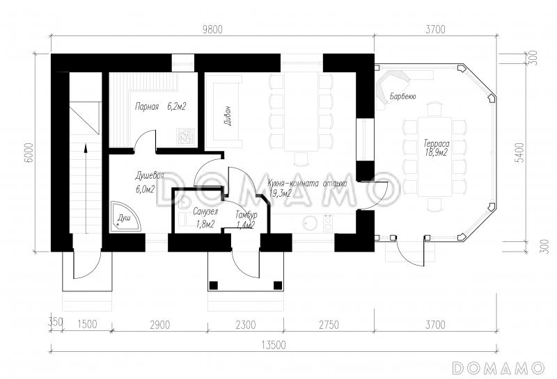 Проект бани с верандой и гостевой комнатой / План 1 этажа
