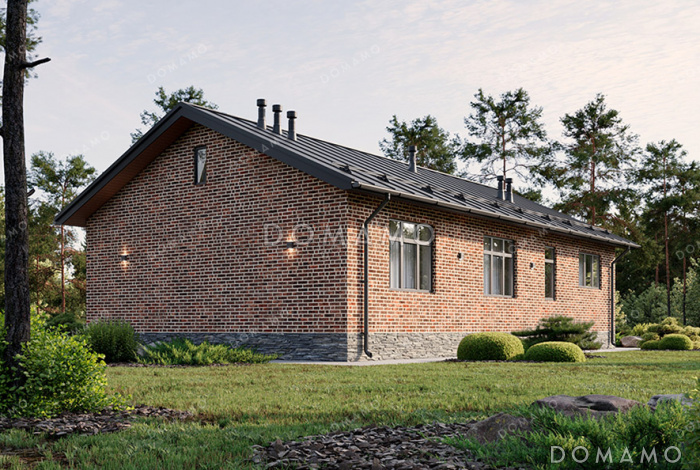 Проект одноэтажного дома с двускатной крышей, 4 спальнями и совмещенной кухней-гостиной Проект одноэтажного дома с двускатной крышей, 4 спальнями и совмещенной кухней-гостиной