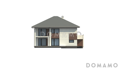 Проект просторного двухэтажного дома из кирпича со встроенным гаражом и двумя террасами на обоих уровнях / Фасад 3