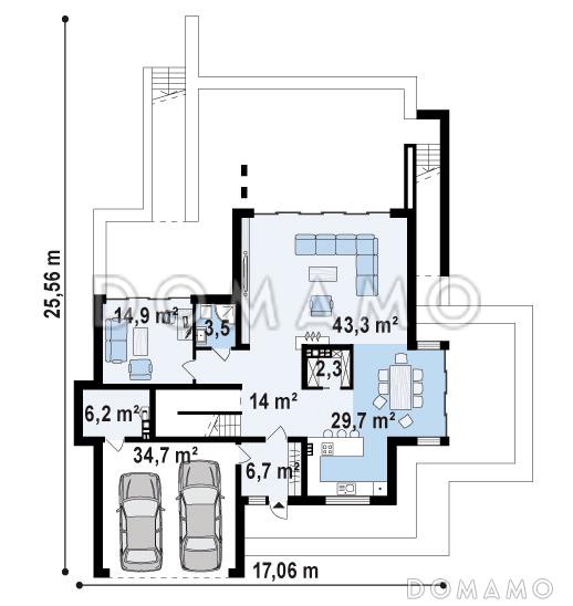 Проект красивого просторного двухэтажного коттеджа из кирпича с бассейном на цокольном этаже / План 1 этажа