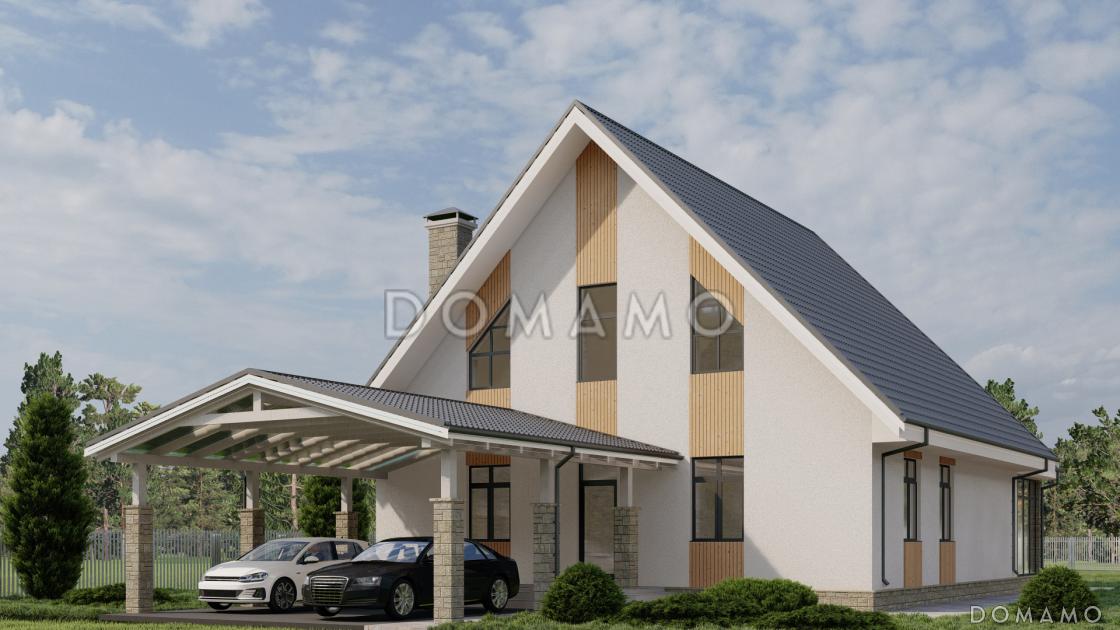 Проект одноэтажного кирпичного дома с мансардой, вторым светом и крытой террасой / 1
