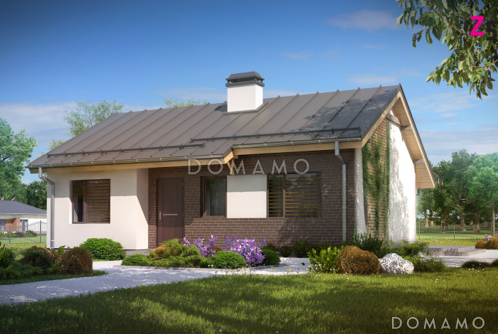 Проект компактного одноэтажного дома небольшой площади из кирпича с двумя спальнями Проект компактного одноэтажного дома небольшой площади из кирпича с двумя спальнями