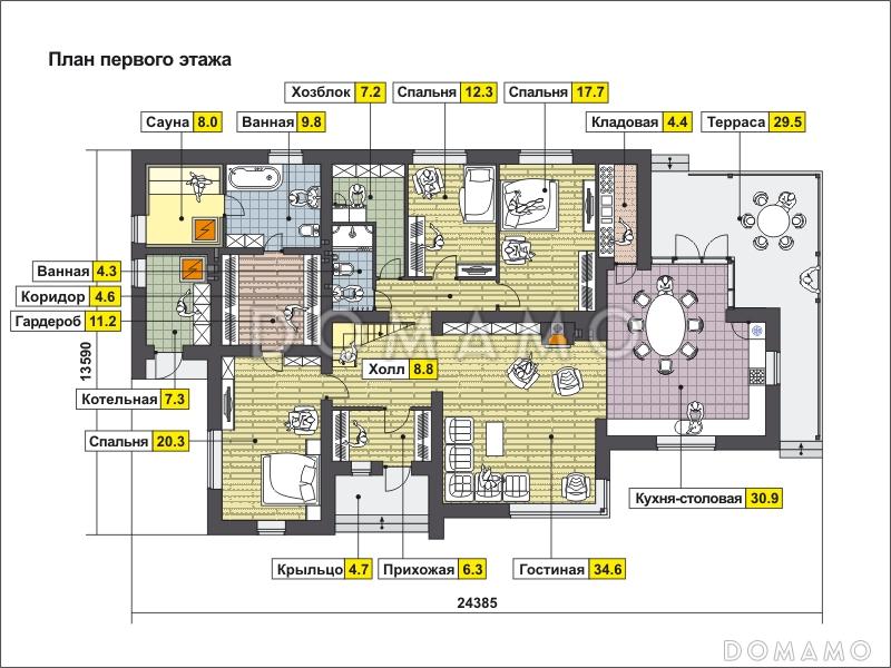 Проект дома с мансардными окнами, крытой террасой, просторной кухней-столовой с кладовой, сауной, вторым светом / План 1 этажа
