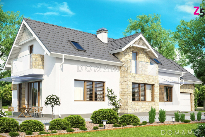 Проект мансардного дома из газобетона с гаражом, прямоугольным эркером и двумя балконами