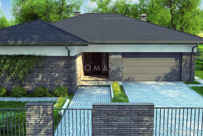 Проект просторного стильного одноэтажного дома из кирпича с тремя спальнями, гаражом и крытой террасой Проект просторного стильного одноэтажного дома из кирпича с тремя спальнями, гаражом и крытой террасой