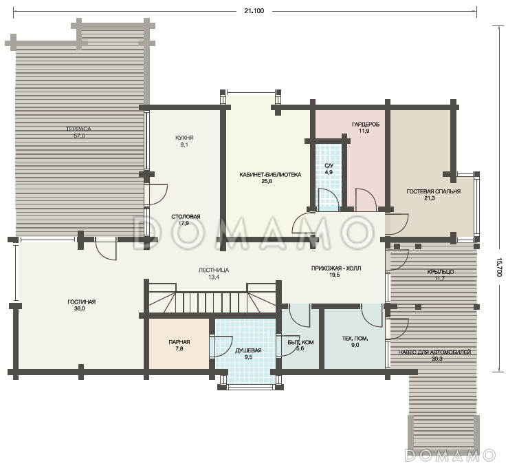 Проект двухэтажного дома из клееного бруса с парной и навесом для авто / План 1 этажа