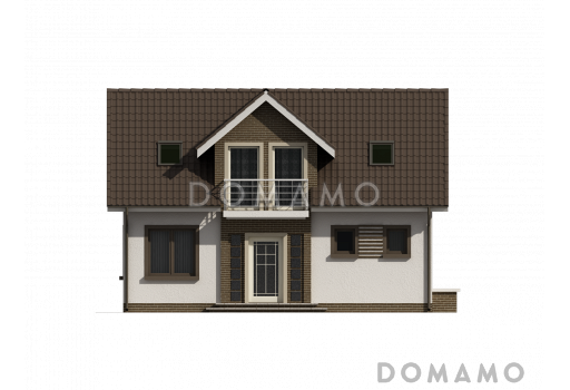 Проект одноэтажного мансардного дома из кирпича с балконом над входом / Фасад 4