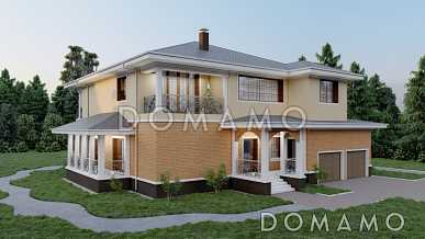 Проект просторного двухэтажного дома с эркером, двумя террасами и гаражом на 2 места