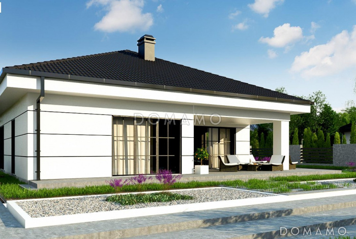 Проект одноэтажного дома из газобетона с тремя спальнями, гаражом и угловой крытой террасой