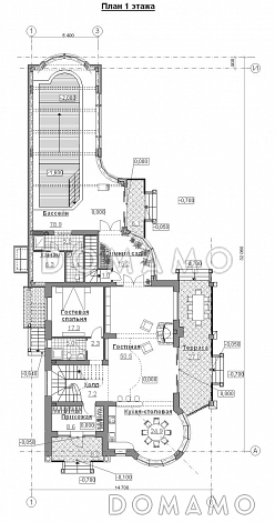 Проект коттеджа с двусветной гостиной и бассейном с сауной / План 1 этажа