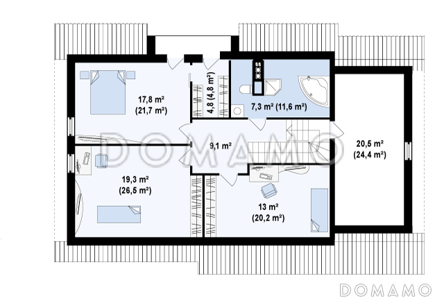 Проект одноэтажного мансардного дома из газобетона со встроенным гаражом и угловой террасой / План мансардного этажа
