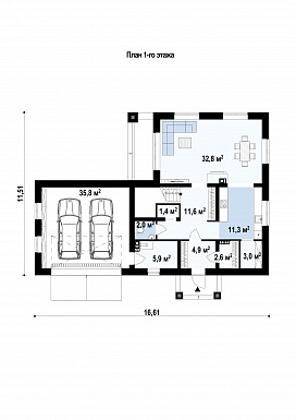 Проект современного двухэтажного дома из газобетона балконом, лоджией и открытой террасой над двухместным гаражом / План 1 этажа Проект современного двухэтажного дома из газобетона балконом, лоджией и открытой террасой над двухместным гаражом / План 1 этажа