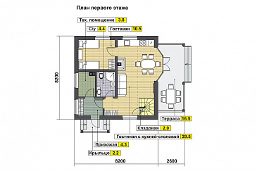 Проект дома с гостевой на первом этаже, гостиной с кухней-столовой, крытой террасой, кладовой в эркере мансардного этажа / План 1 этажа Проект дома с гостевой на первом этаже, гостиной с кухней-столовой, крытой террасой, кладовой в эркере мансардного этажа / План 1 этажа
