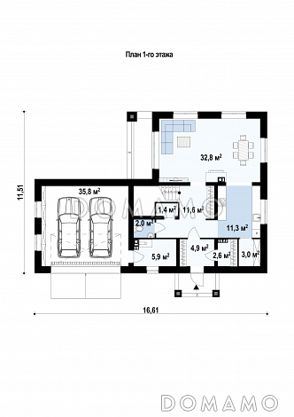 Проект современного двухэтажного дома из газобетона балконом, лоджией и открытой террасой над двухместным гаражом / План 1 этажа Проект современного двухэтажного дома из газобетона балконом, лоджией и открытой террасой над двухместным гаражом / План 1 этажа