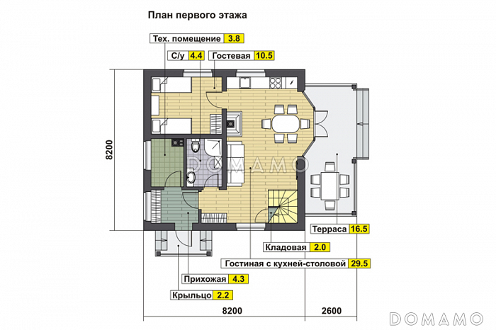 Проект дома с гостевой на первом этаже, гостиной с кухней-столовой, крытой террасой, кладовой в эркере мансардного этажа / План 1 этажа Проект дома с гостевой на первом этаже, гостиной с кухней-столовой, крытой террасой, кладовой в эркере мансардного этажа / План 1 этажа