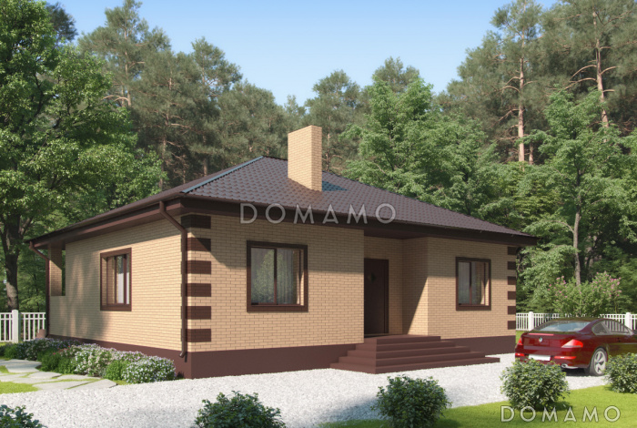 Проект одноэтажного дома с террасой, просторной кухней-столовой, кладовой в холле и спальнями Проект одноэтажного дома с террасой, просторной кухней-столовой, кладовой в холле и спальнями