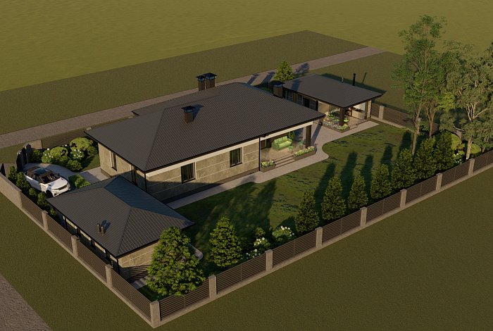 Проект одноэтажного кирпичного дома с двумя спальнями, гардеробными, кладовой на кухне и крытой террасой