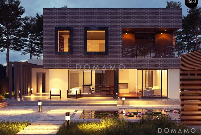 Проект современного двухэтажного дома из газобетона с плоской крышей,  с четырьмя спальнями, кабинетом и гаражом 