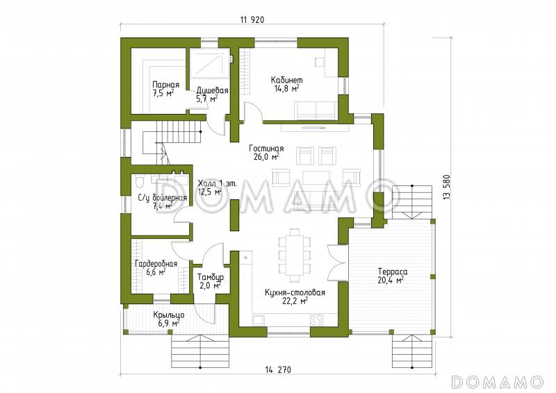 Проект просторного коттеджа в стиле шале / План 1 этажа