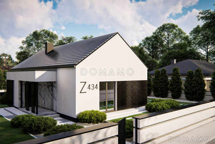 Проект одноэтажного дома с продуманной планировкой, эркером, навесом, объединенной кухней и гостиной Проект одноэтажного дома с продуманной планировкой, эркером, навесом, объединенной кухней и гостиной