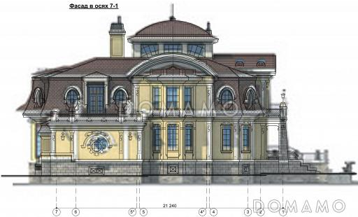 Проект парадного коттеджа с красивым холлом и террасой / Фасад 3