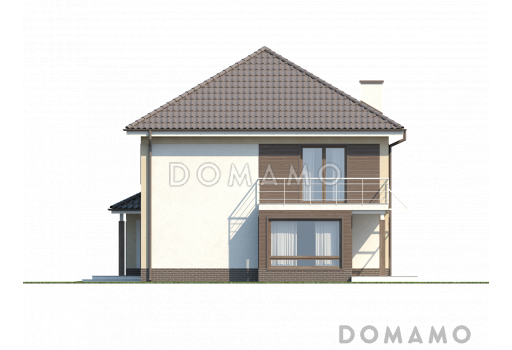 Проект двухэтажного дома из кирпича с эркером и балконом над ним, с тремя спальнями, кабинетом и гаражом / Фасад 3
