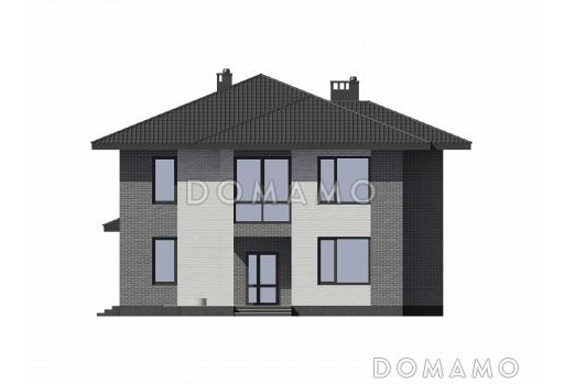 Проект двухэтажного дома из газобетона и кирпичной облицовкой / Фасад 2