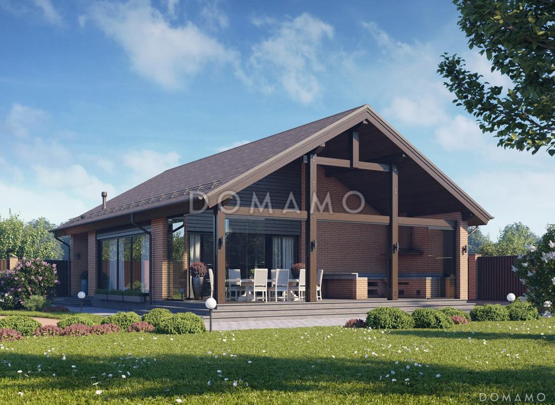 Проект каркасной беседки с крытой террасой барбекю, кухней и бильярдной / 1