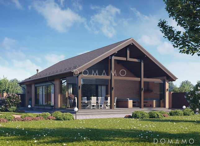 Проект каркасной беседки с крытой террасой барбекю, кухней и бильярдной