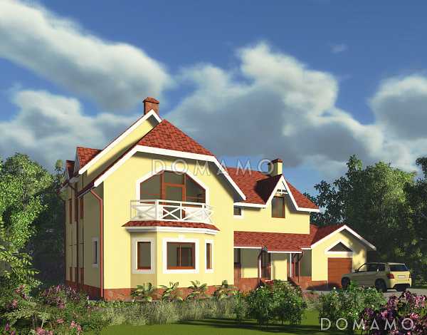 Проект дома с мансардным этажом, пристроенным гаражом и двумя балконами Проект дома с мансардным этажом, пристроенным гаражом и двумя балконами