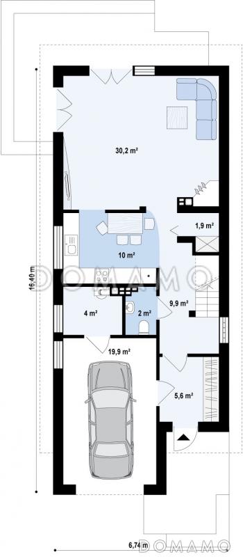 Проект одноэтажного мансардного дома из газобетона с гаражом для узкого участка / План 1 этажа