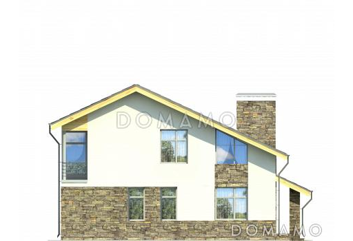 Проект дома с крытой террасой, гостиной с камином, большой кладовой, спальней на первом этаже, вторым светом, остекленной лоджией и балконом / Фасад 3