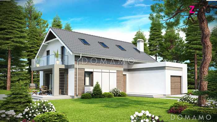 Проект одноэтажного мансардного дома из газобетона с балконом и с фронтальным пристроенным гаражом