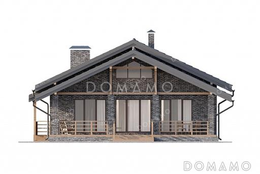 Проект выразительного одноэтажного дома с двухскатной крышей в разных уровнях, большой террасой и вторым светом / Фасад 4