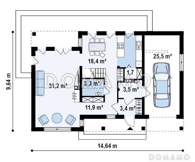 Проект просторного современного одноэтажного мансардного дома из газобетона с большой кухней-столовой, четырьмя комнатами и гаражом  / План 1 этажа