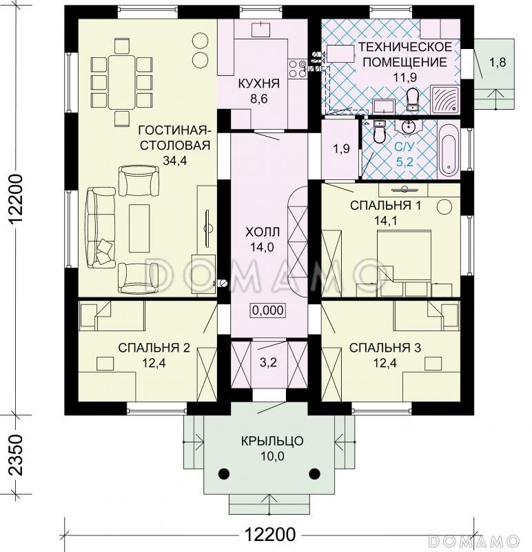 Проект одноэтажного дома по технологии ЛСТК с тремя спальнями / План 1 этажа