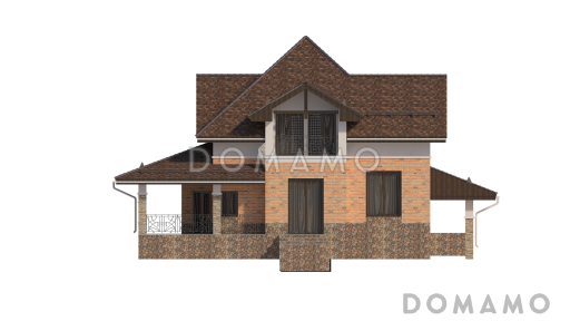 Проект дома с использованием трёх видов отелочных материалов, с навесом для автомобиля и террасой / Фасад 3