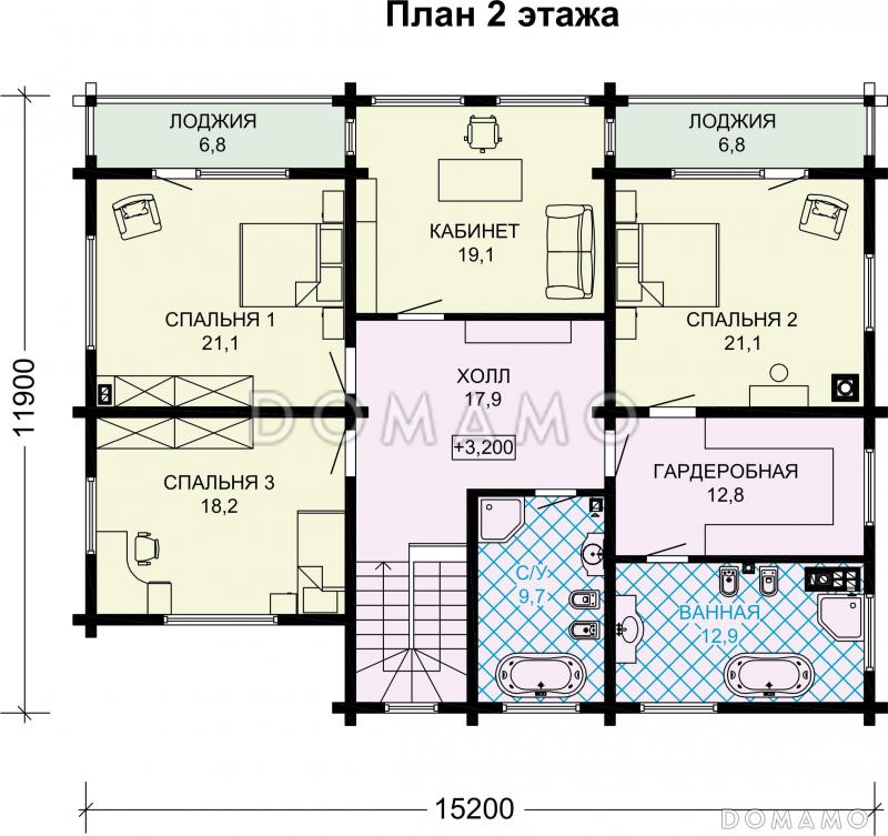 Проект двухэтажного деревянного дома с большой мастер-спальней и двумя лоджиями / План 2 этажа