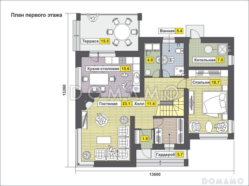 Проект дома с крытой террасой, спальней на первом этаже, постирочной, балконом / План 1 этажа