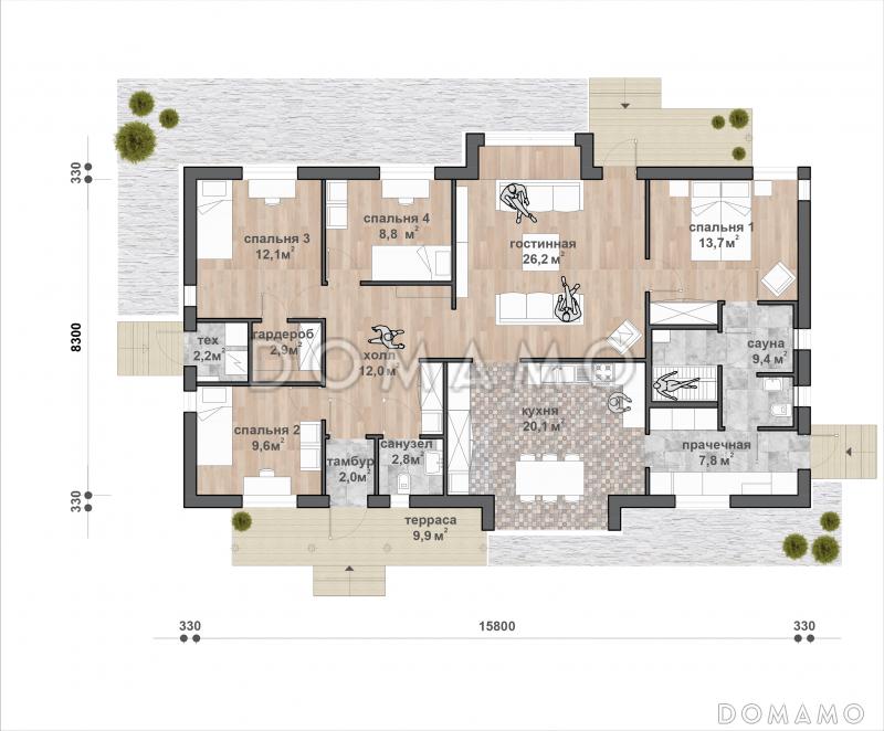 C-132 одноэтажный дом / План 1 этажа