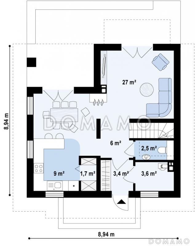 Проект небольшого одноэтажного дома из кирпича с тремя спальнями на мансардном этаже и балконом / План 1 этажа