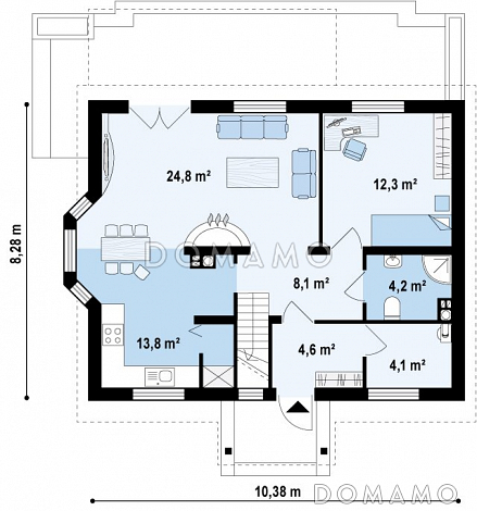 Проект одноэтажного мансардного дома из газобетона с боковым эркером / План 1 этажа Проект одноэтажного мансардного дома из газобетона с боковым эркером / План 1 этажа
