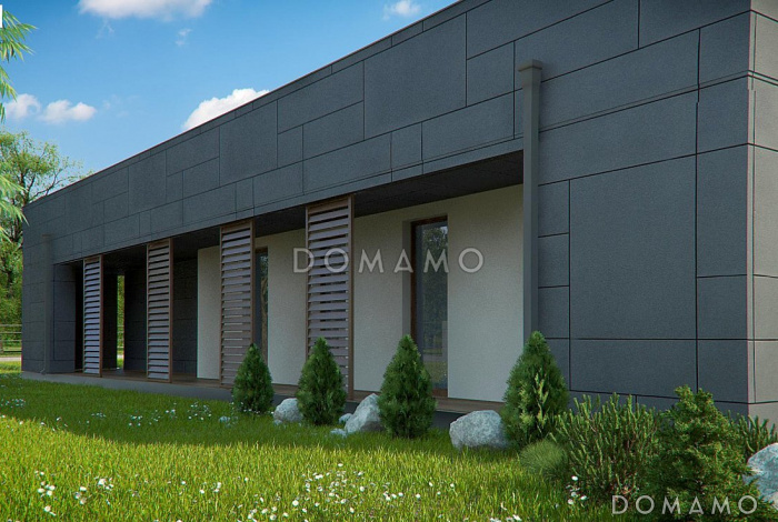 Проект современного одноэтажного дома из газобетона с тремя спальнями, гаражом и внутренним двориком Проект современного одноэтажного дома из газобетона с тремя спальнями, гаражом и внутренним двориком